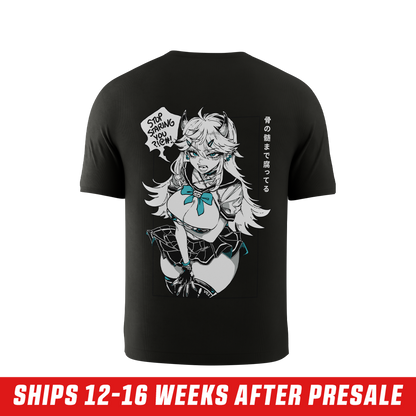 Black short-sleeve shirt with small white logo on chest and anime-style graphic with teal accents on the back.