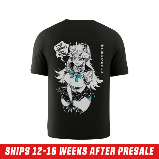 Black short-sleeve shirt with small white logo on chest and anime-style graphic with teal accents on the back.