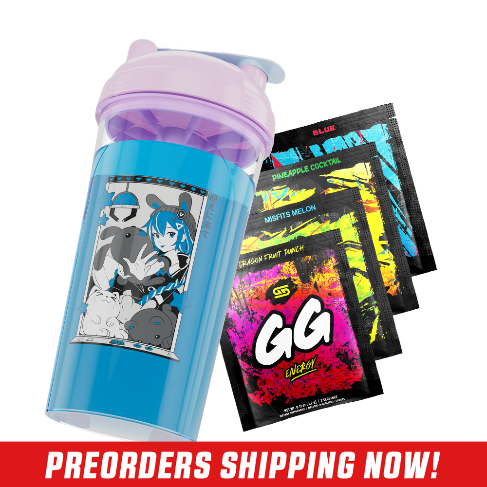 Clear shaker cup with a pink lid and a bold black stylized logo on the side