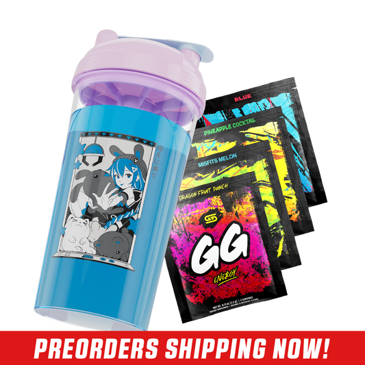 Clear shaker cup with a pink lid and a bold black stylized logo on the side