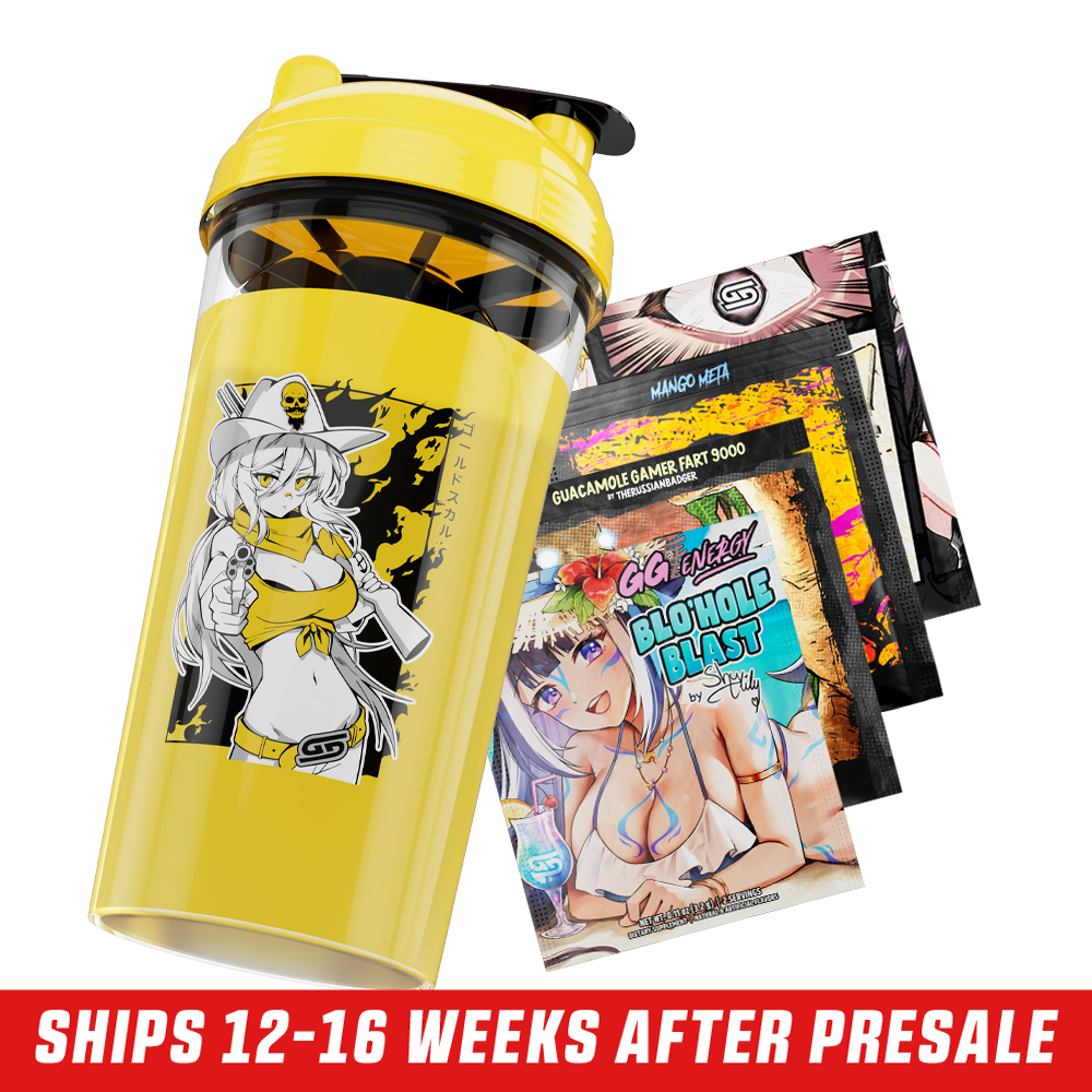 Clear shaker cup with a yellow lid and black and white intertwined GD logo on the side