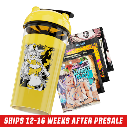 Clear shaker cup with a yellow lid and black and white intertwined GD logo on the side