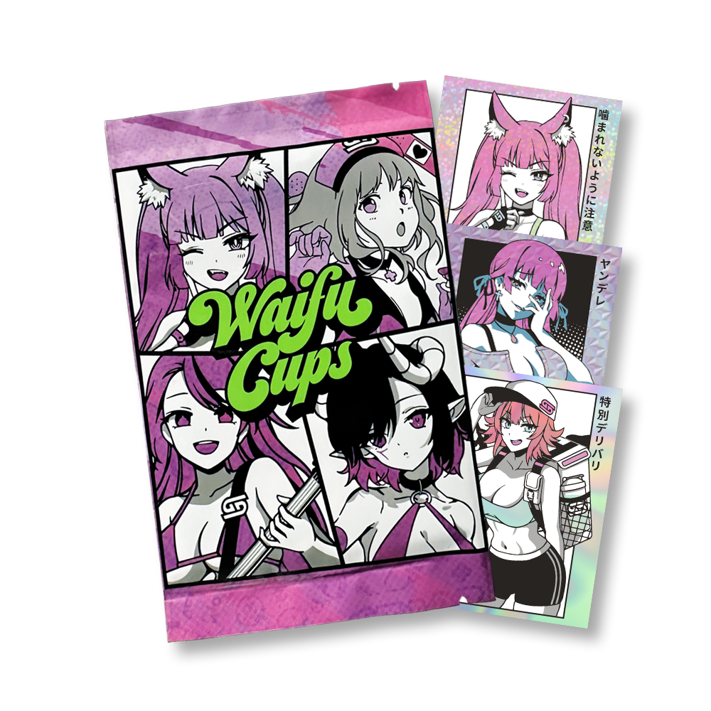 Three purple-themed sticker packs featuring anime-style female characters with varied hairstyles and expressions.