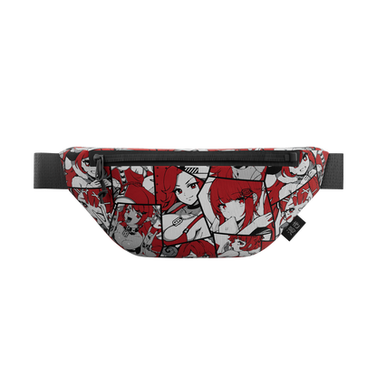 Waifu gamer bag with black strap featuring red-haired anime characters in black, white, and red comic-style panels.
