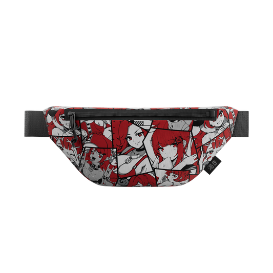 Waifu gamer bag with black strap featuring red-haired anime characters in black, white, and red comic-style panels.