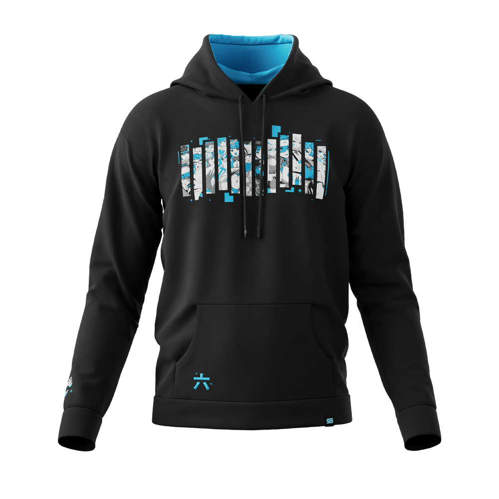 Black hoodie with a large front pocket and a colorful graphic partially visible on the chest, shown from the side.
