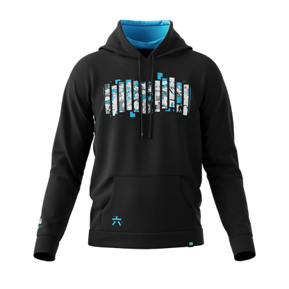 Black hoodie with a large front pocket and a colorful graphic partially visible on the chest, shown from the side.