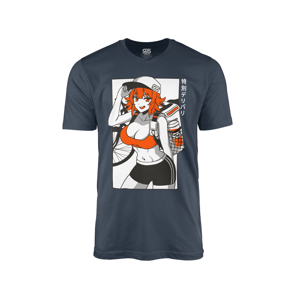 Charcoal shirt featuring an anime delivery girl with orange hair and top, black shorts, and Japanese text.
