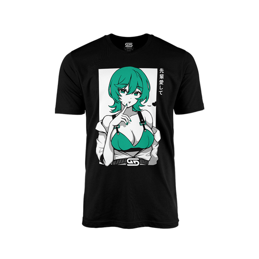 Black shirt with a teal-haired anime woman in a teal top and white jacket, with Japanese text on the side.
