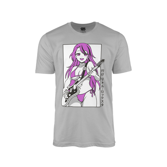 Grey shirt with a purple-haired anime girl in a bikini playing a black electric guitar and Japanese text on the side.