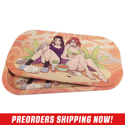 Rectangular tray with orange swirls featuring two women lounging with snacks and green leaf shapes behind them.