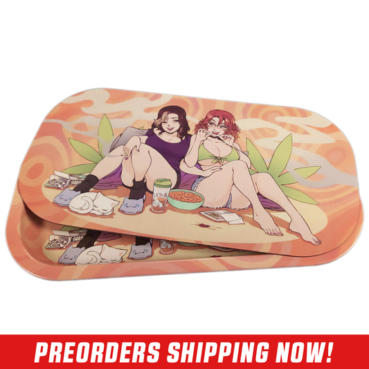 Rectangular tray with orange swirls featuring two women lounging with snacks and green leaf shapes behind them.