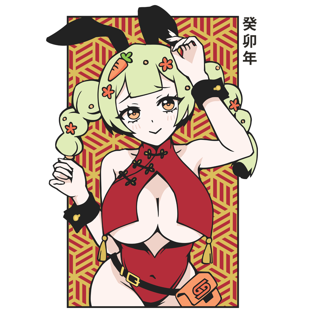 Anime-style character with green hair, black bunny ears, and a red outfit on a yellow geometric background.