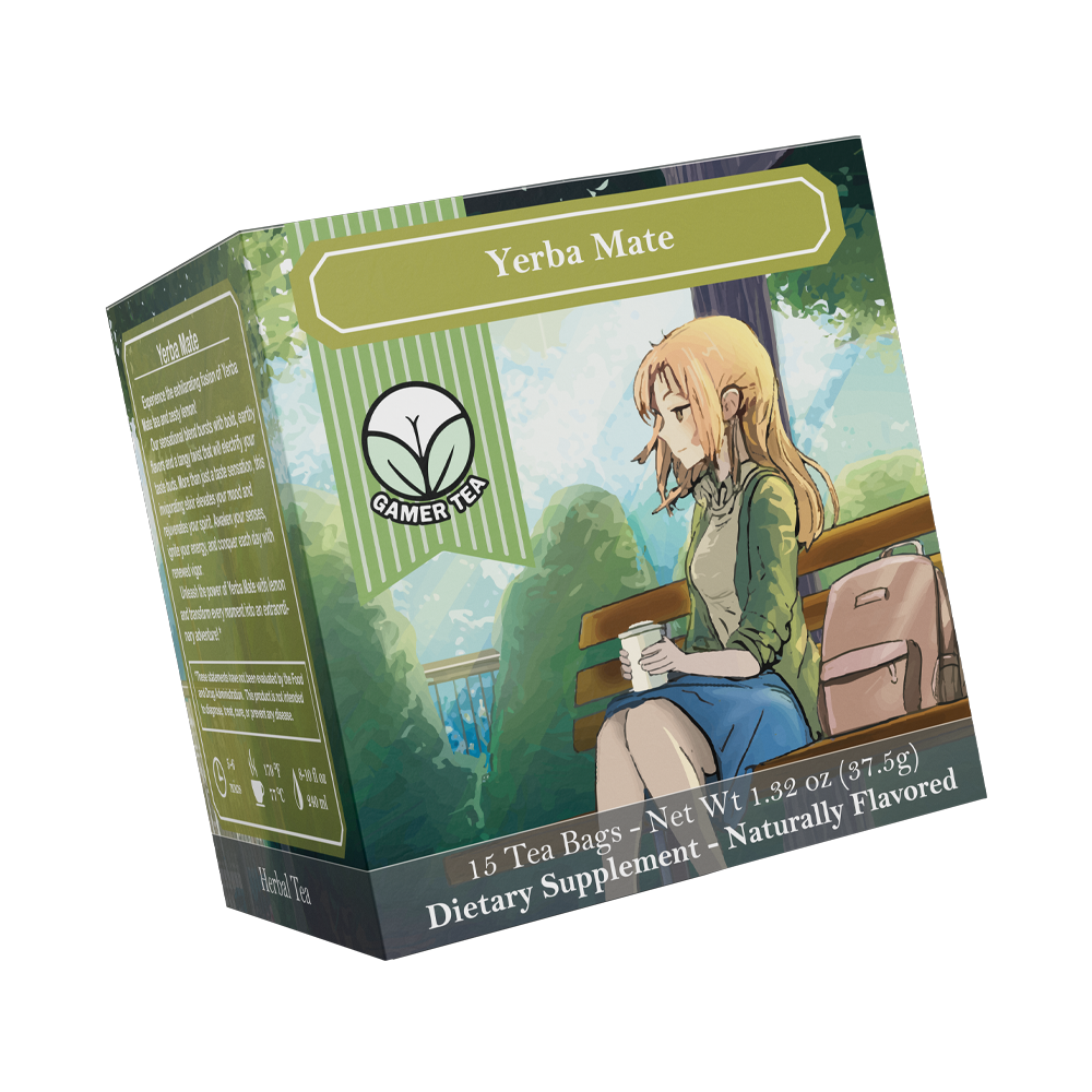 Supplement facts label showing mate leaf ingredient and barcode on a green background with wooden bench illustration.